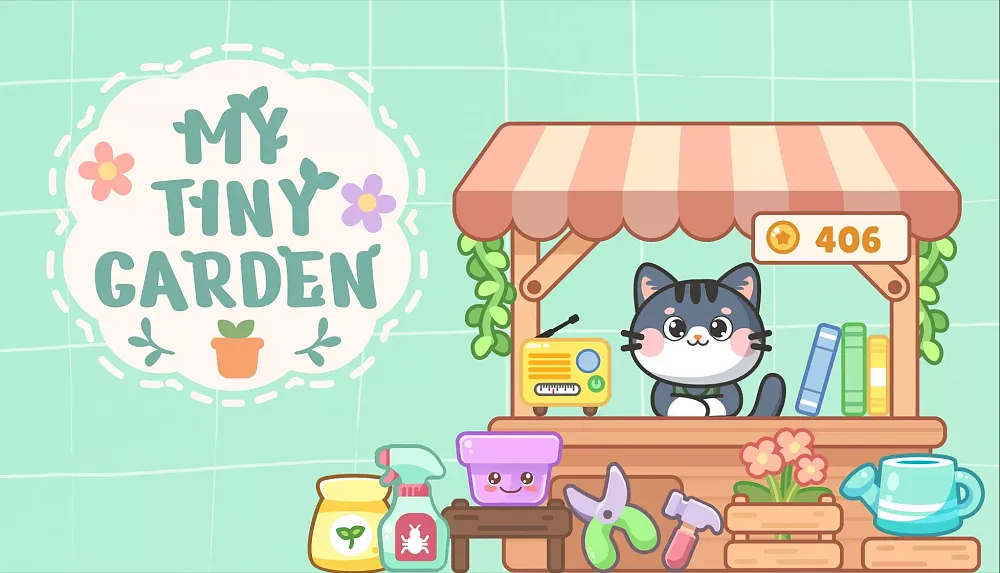 Key art for My Tiny Garden showing the title and an image of a cute cat at a roadside shop stand selling plants and gardening materials.