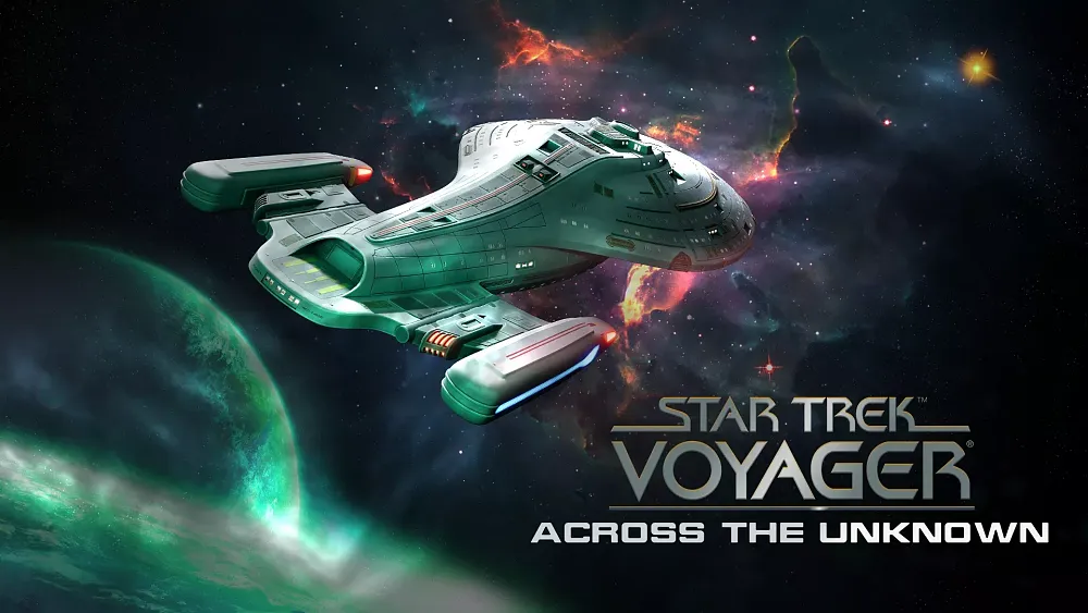 The Starship Voyager in space, with the title Star Trek Voyager: Across the Unknown.