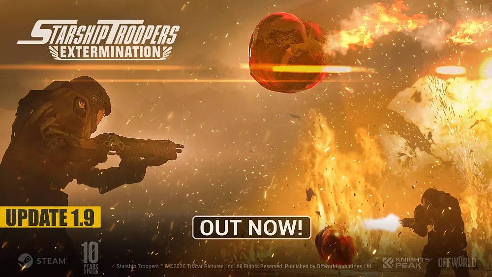 Promotional image for the video game Starship Troopers: Extermination featuring soldiers in armor firing weapons amidst explosions and large fiery objects, with overlay text announcing "UPDATE 1.9 OUT NOW!".