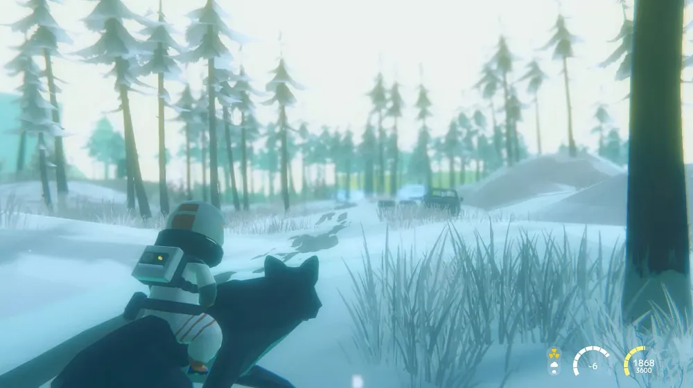 An character in a mostly white snow suit rides a large black, wolf-like creature across a barren, snow-covered landscape.