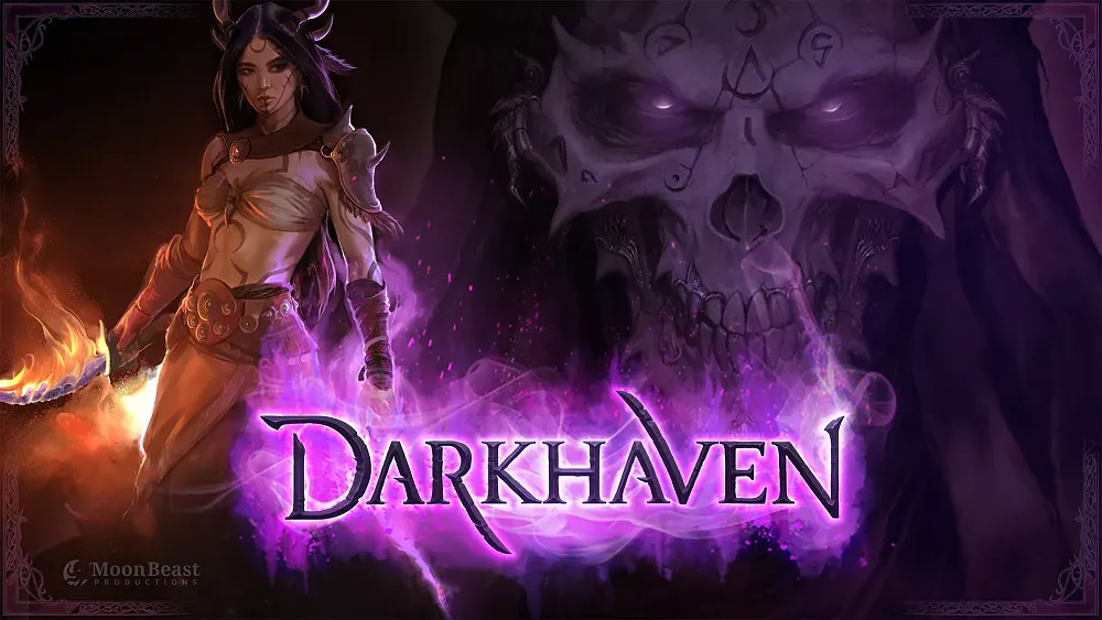 Key art for the 'DARKHAVEN' project, showing a horned female character with fire and a large, ominous skull.