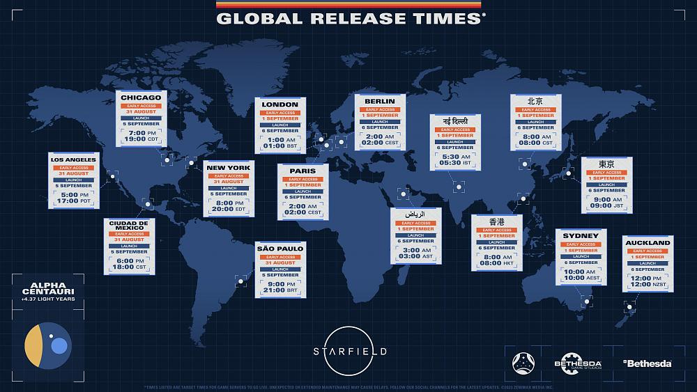 Map showing different times around the world when Starfield will be released.