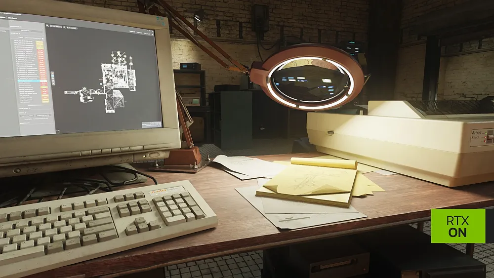 A desk with an old monitor, keyboard, and large magnifying glass.