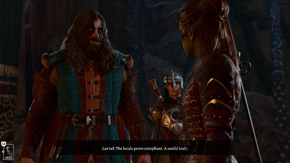 Text: Lae'zel: The locals prove compliant. A useful trait. Image: Two fantasy characters talking.