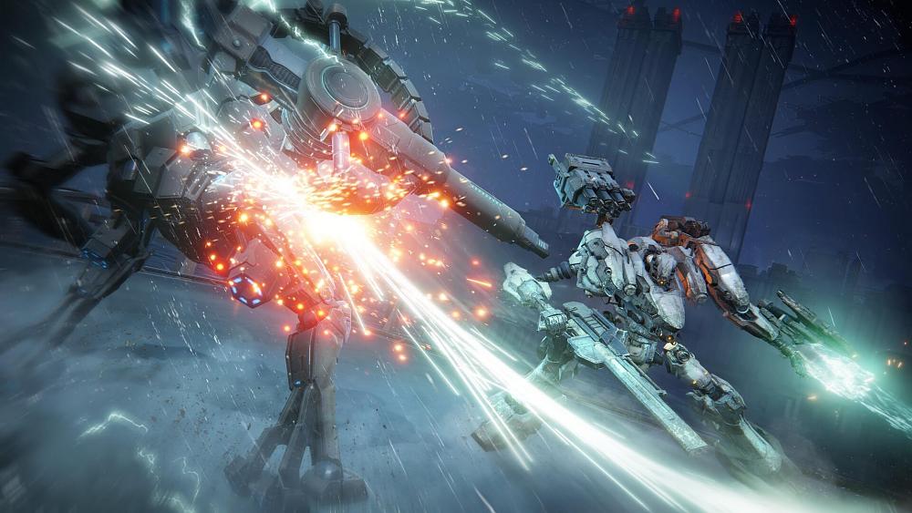 One giant mech slicing through another giant mech.