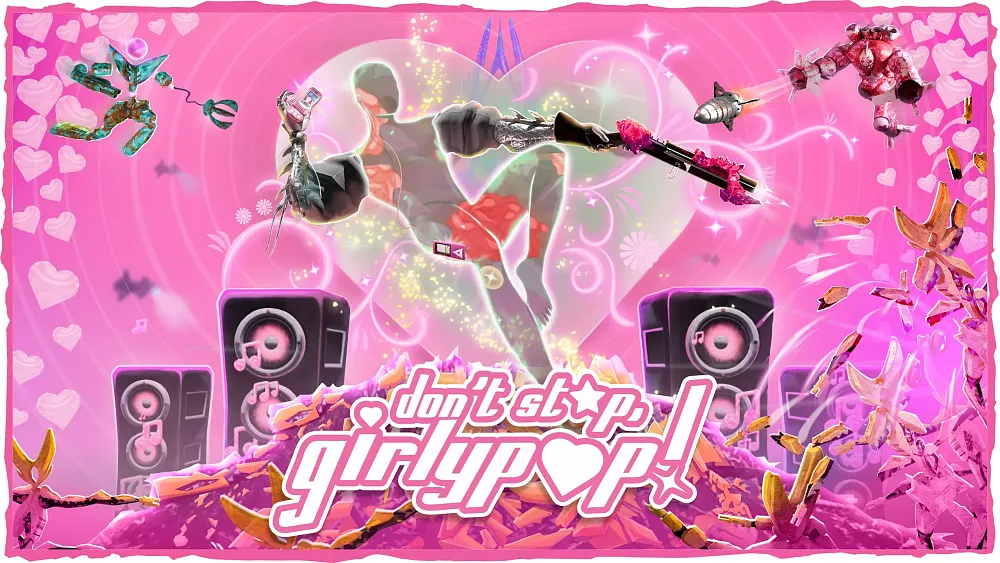 The very pink key art visual promoting the fast-paced FPS Don't Stop, Girlypop.