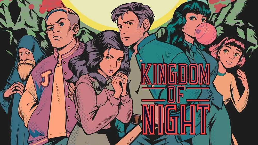 Kingdom of Night key art showing 80s stylized characters such as a group of teens and an old man wizard, with a comic book style look.