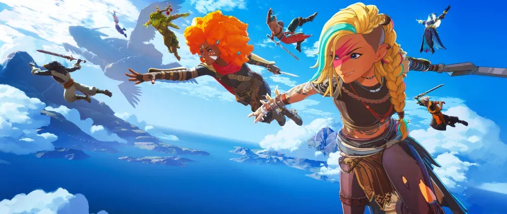 Several fantasy style, colorful characters flying through the air in attack style poses.