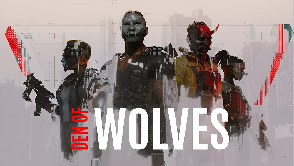 Art with the title, Den of Wolves, and four of the heist members in a semi-abstract design.