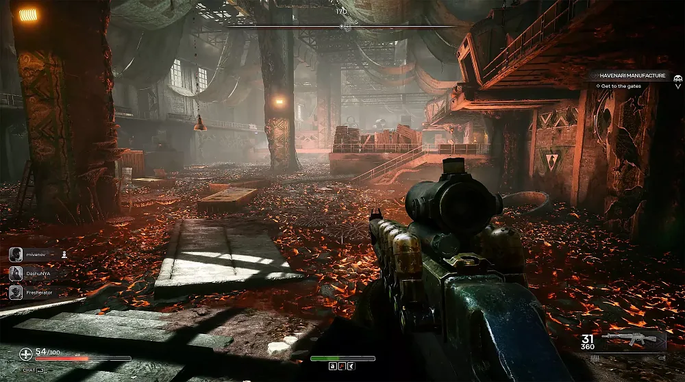 First-person shooter view from the game Pioner looking at a post-apocalyptic scene inside of a factory of some sort.