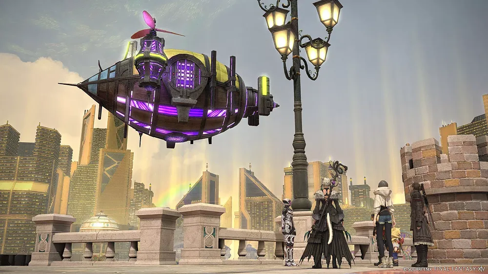 A purple and black ship flying over a city in Final Fantasy 14.