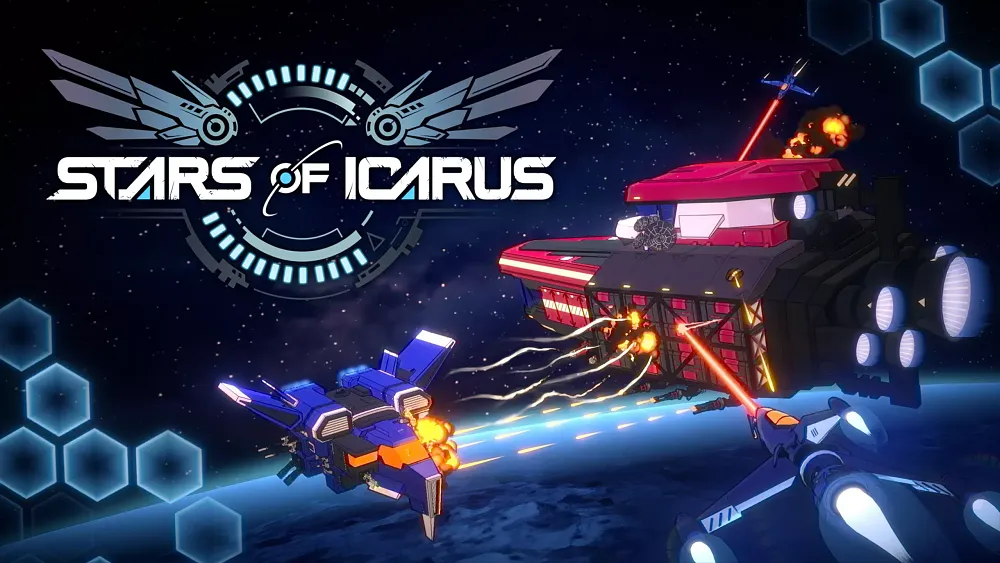 Stars of Icarus logo in the top left. The main image shows anime style space ships fighting each other above a planet.