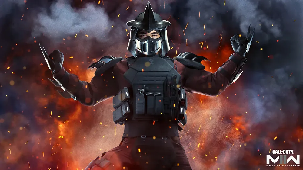 A person wearing bladed armor resembling Shredder from the Teenage Mutant Ninja Turtles.