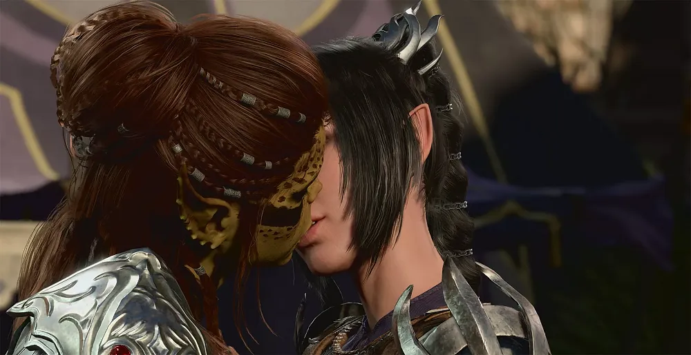 Two Baldur's Gate 3 characters kissing.