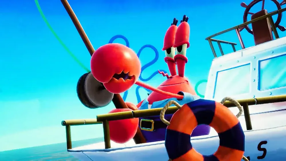 Mr. Krabs from Spongebob Squarepants fishing off the back of a boat.