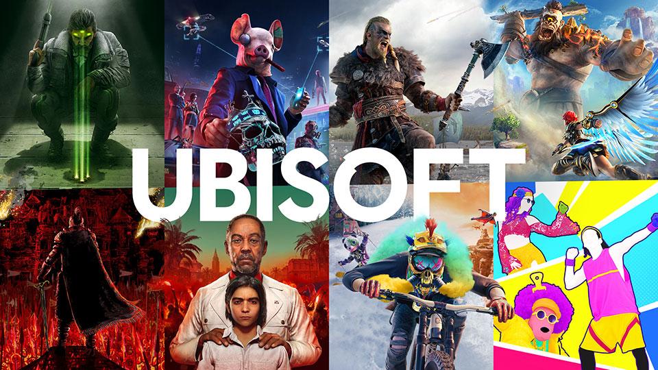Various cover arts for Ubisoft games with the company name, Ubisoft, overlaid over the images.