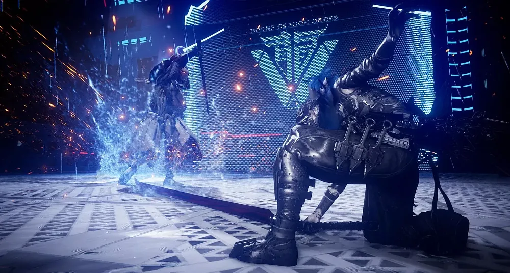 A futuristic battle scene featuring two armored warriors in an intense duel. The warrior on the right is crouched, clad in dark metallic armor with multiple small swords strapped to their back, wielding a massive, jagged-edged sword. The opponent on the left, also in heavy armor, is standing with a glowing blue energy effect surrounding them, appearing to be in the middle of an attack. Sparks and energy particles fill the air, and the background features a cyberpunk-style digital screen displaying a stylized emblem with the words "Tower of Atonement Order." The floor is metallic and reflective, adding to the high-tech atmosphere of the setting.