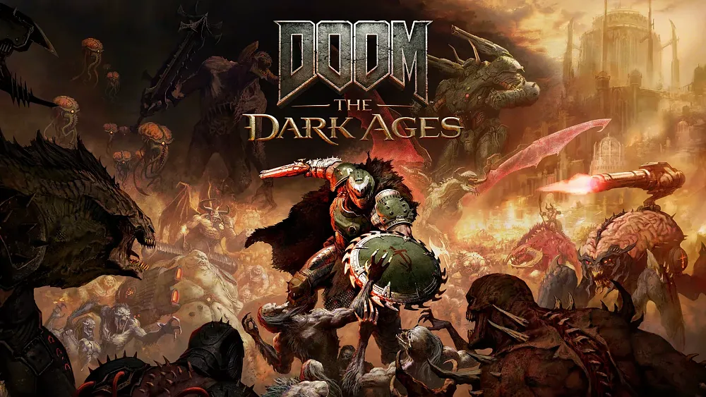 A promotional image for "DOOM: The Dark Ages" depicts the Doom Slayer clad in medieval-style armor with a large spiked shield and a red energy sword, battling hordes of demonic creatures. The background showcases a war-torn medieval city with gothic architecture, engulfed in fire and chaos. The sky is dark with ominous clouds, and various demons, including towering monsters and grotesque humanoid figures, surround the Slayer. The game’s title, "DOOM: The Dark Ages," is prominently displayed at the top in a medieval-style font.