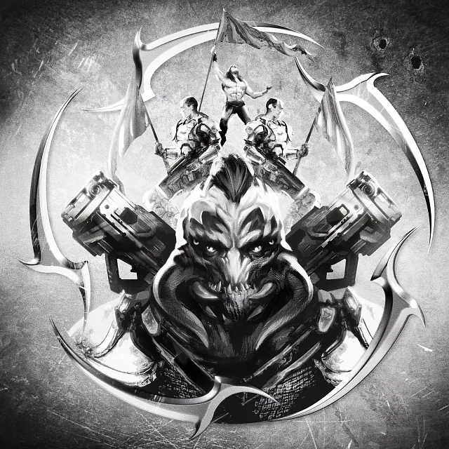 Black and white album artwork for an Unreal Tournament remix album showing the Unreal Tournament logo and several different characters, both human and alien in design.