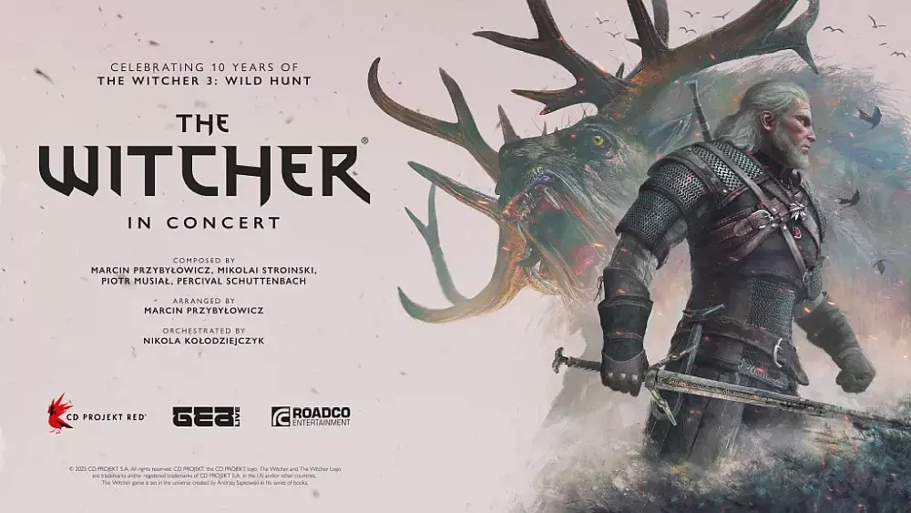 Poster celebrating the 10th anniversary of "The Witcher 3: Wild Hunt" featuring "The Witcher in Concert." The poster includes an image of Geralt of Rivia holding a sword, with a large, mythical creature with antlers in the background. The text lists the composers, arrangers, and orchestrators involved in the concert. Logos for CD Projekt Red, GEA Live, and RoadCo Entertainment are also present.