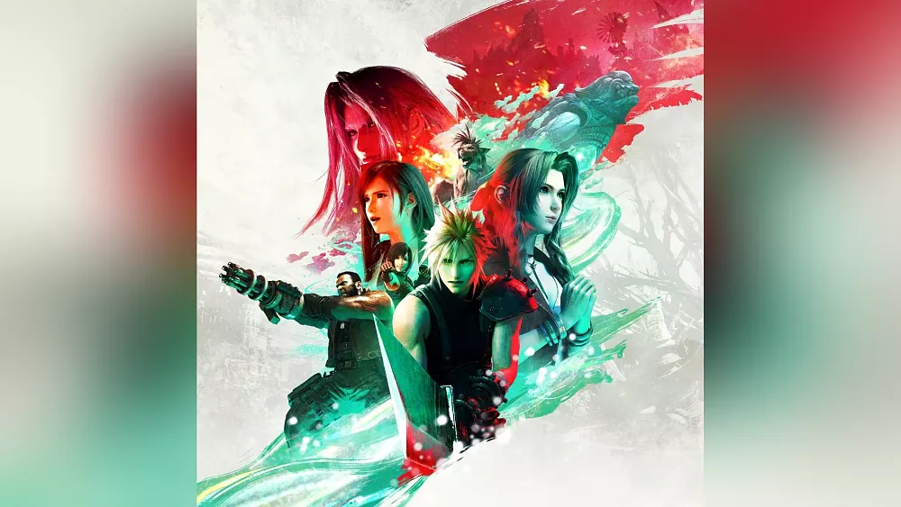 Final Fantasy 7 Rebirth promotional image showing the game's logo and characters. Available on Steam and the Epic Games Store.