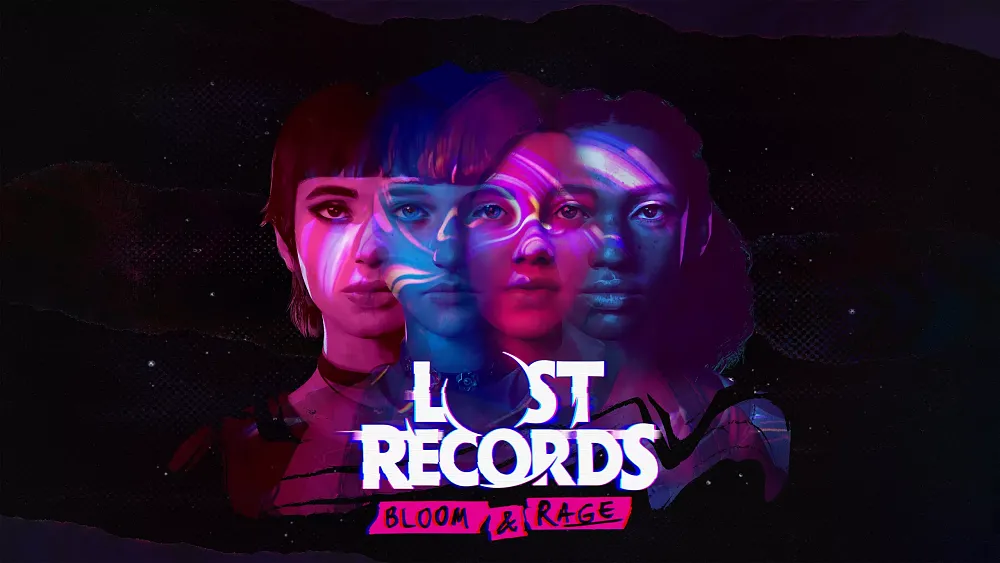 The image features a dark, abstract background with a neon color scheme. The text 'LOST RECORDS' is prominently displayed in bold, glitchy white and blue letters at the bottom center of the image. Below this, there is additional text that reads 'BLOOM & RAGE' in a handwritten style on a pink background. The main focus of the image is an overlap of four different people.