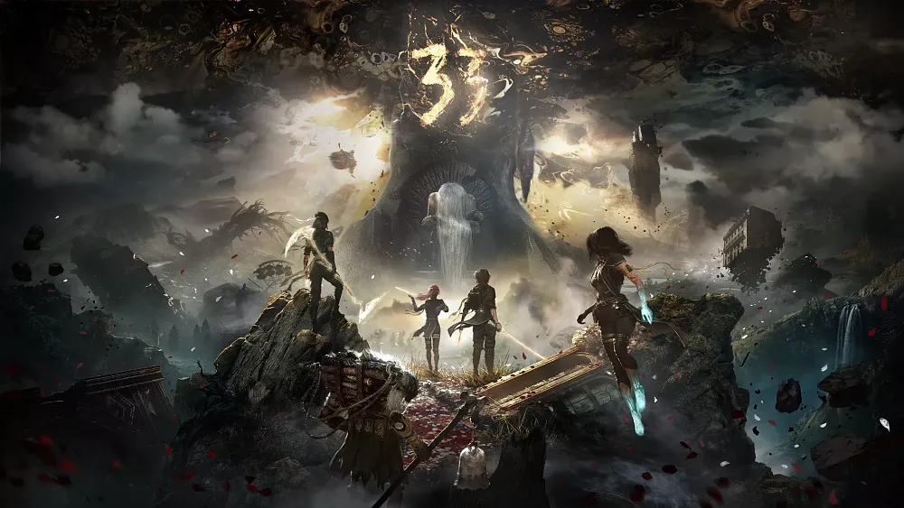 A group of five adventurers stand on a rocky outcrop, facing a massive, otherworldly structure with a glowing "33" symbol at its peak. The sky is dark and swirling, with floating islands and ruins in the distance. The environment is mystical, with glowing blue energy emanating from one character’s arms. A figure with long white hair stands at the entrance of the imposing structure, adding to the ominous atmosphere. The landscape is a mix of crumbling ruins, jagged cliffs, and surreal elements, evoking a dark fantasy setting.
