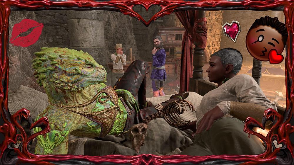 A lizard man and a woman pose together suggestively, showing that they are in love while a man stands bewildered in the background. A frame of red and hearts surrounds the image.