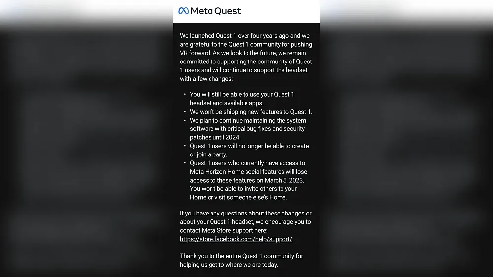 Screenshot of an email from Meta, telling Meta Quest VR owners that they will no longer have access to several social features soon, no new features will be released, and there is only one year left for security update support.