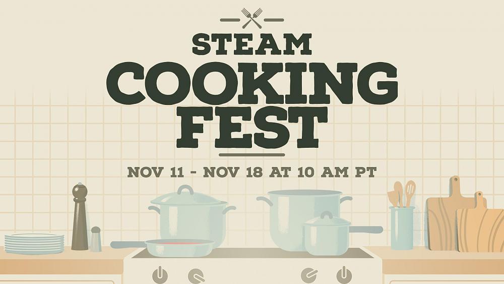 Promo art for Steam Cooking Fest, a week of sales on all things food and drink related on Steam starting November 11, 2024.