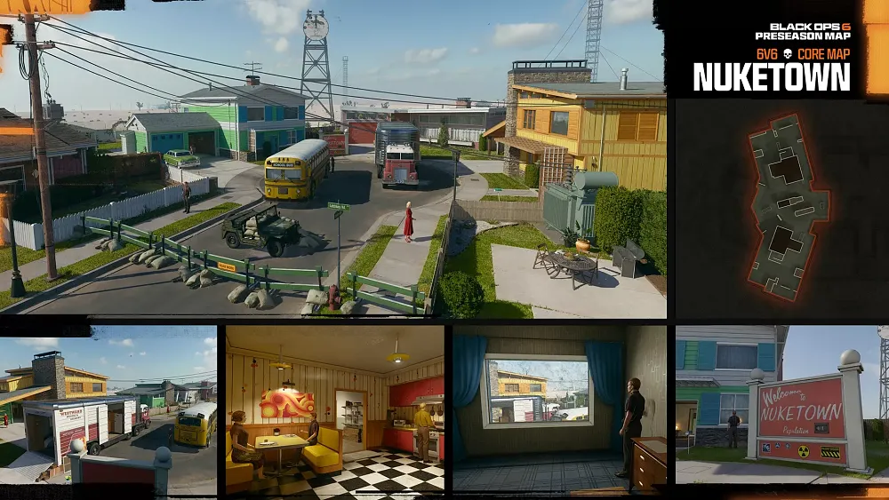 An overview of the Nuketown multiplayer map for Call of Duty: Black Ops 6.
