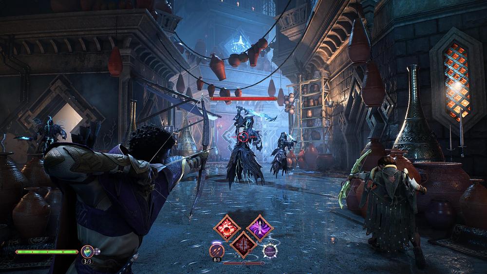 A couple of warriors, both using bows, attacking some ghostly foes as rain falls in a path through a city's marketplace.