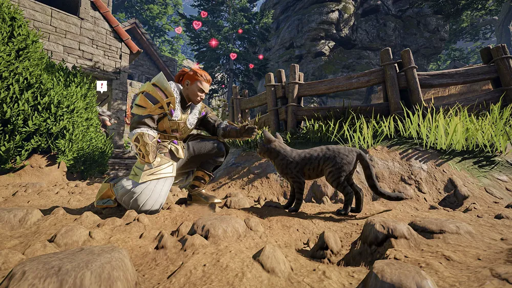 A person in armor, kneeling down to pet a cat.