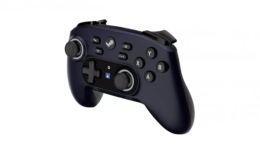 A photo of a wireless game controller with two analog sticks and several face buttons.