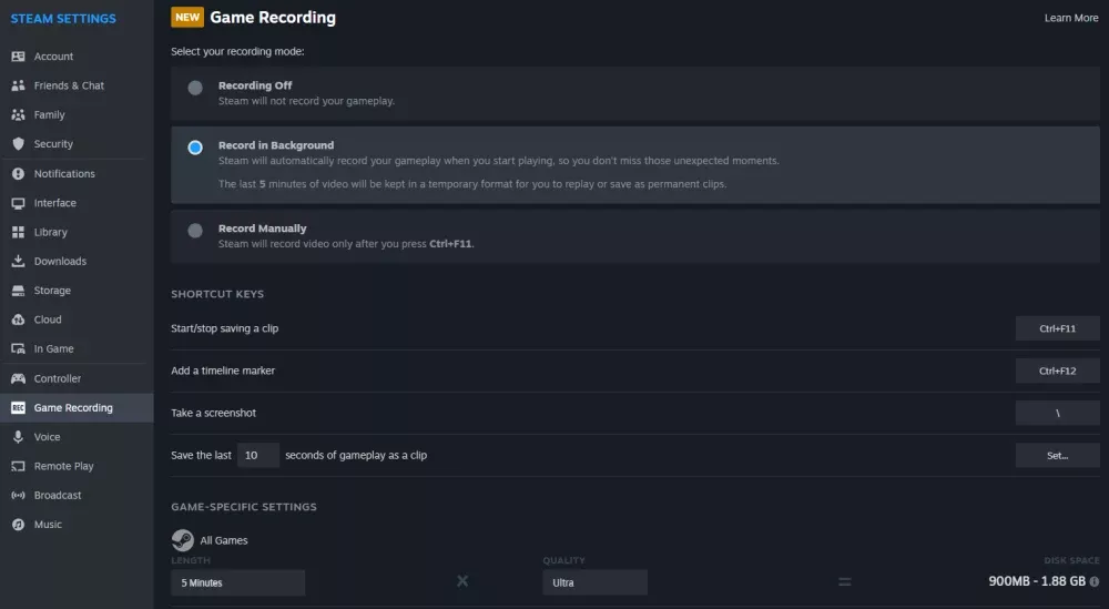Image of options for the game recording option in Steam.