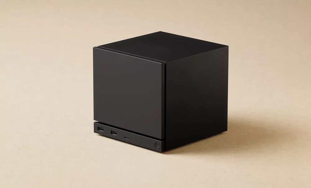 A photo of a small form factor PC from Valve, Steam Machine. It is a black cube PC.