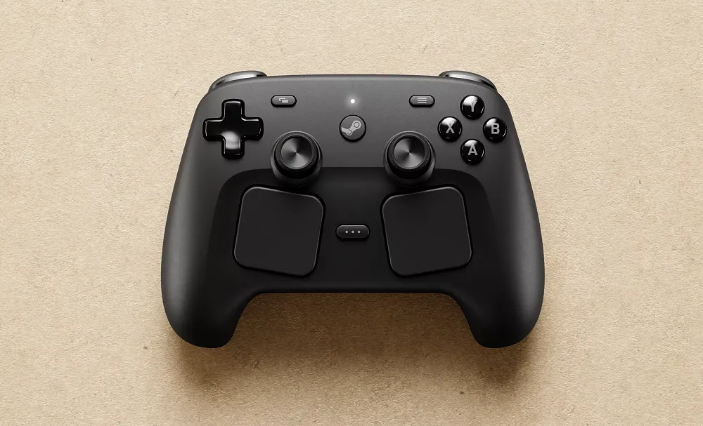 A photo of the front of the new Steam Controller from Valve, set for a release in 2026.