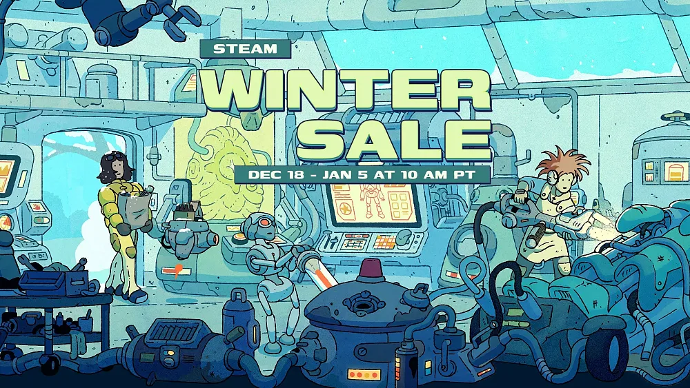 Promotional illustration for the Steam Winter Sale, running from December 18 to January 5, depicts a futuristic, blue-toned workshop scene bustling with characters and robots tending to various sci-fi machines.