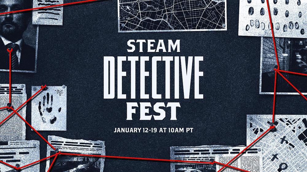 Promotional art for the 2026 Steam Detective Fest running from January 12 through January 19th at 10 AM PT.