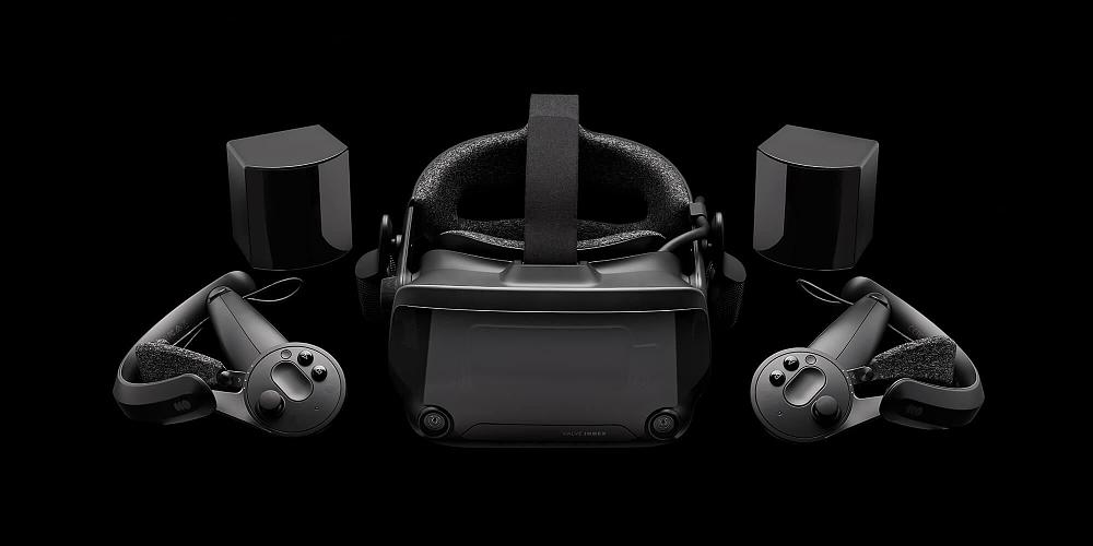 Valve's first consumer virtual reality headset, the Valve Index, along with Index controllers and tracking stations.