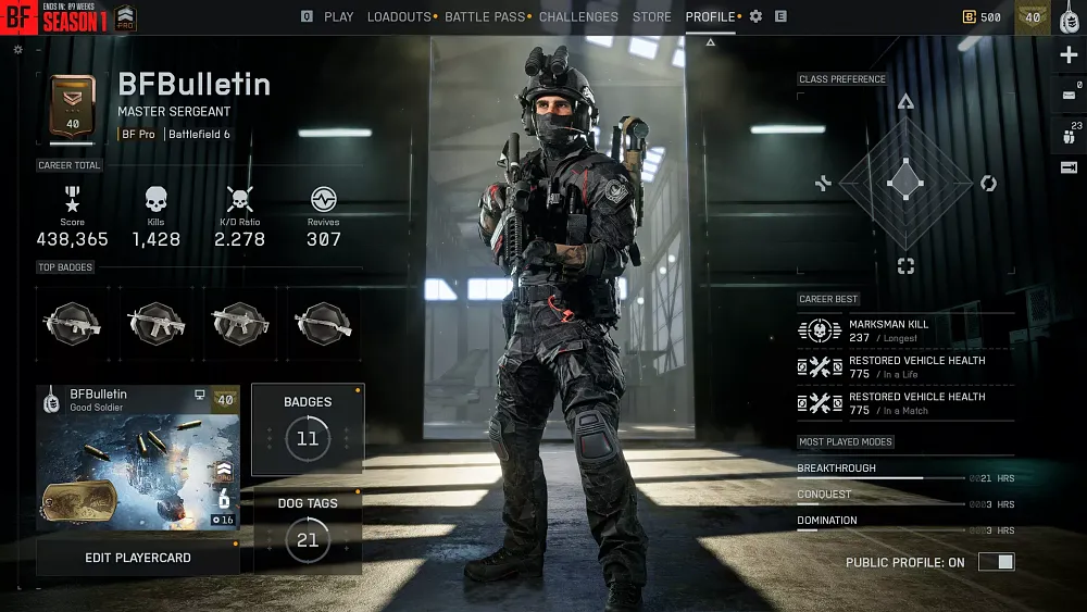 A stats and records page for your player profile in Battlefield 6 showing details such as K/D ratio, revives, best weapons, and more.