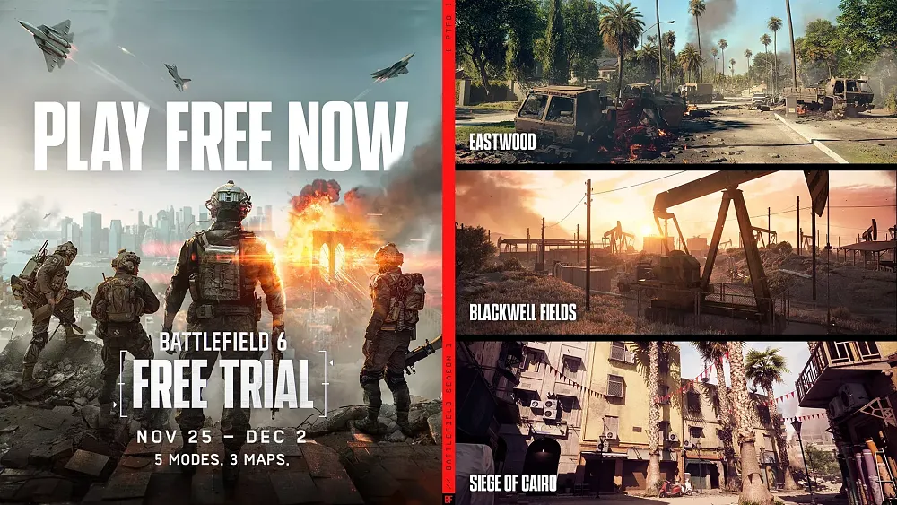Graphic showing the maps in the free trial for Battlefield 6.