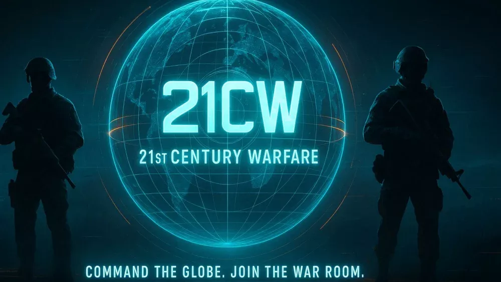 Silloheutes of two soldiers standing besides a holographic globe. On the globe is the text: 21CW. 21st Century Warfare. Command the globe. Join the war room.