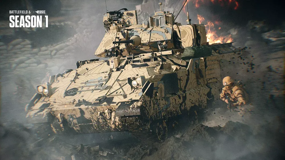 Screenshot for Battlefield 6 showing a soldier in tan armor running alongside a similarly colored tank.
