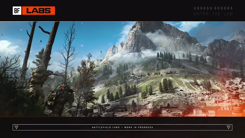 An image of the work in progress map for Battlefield 6 called Contaminated. It shows a mountainside with several armored bunkers and bases on the side.