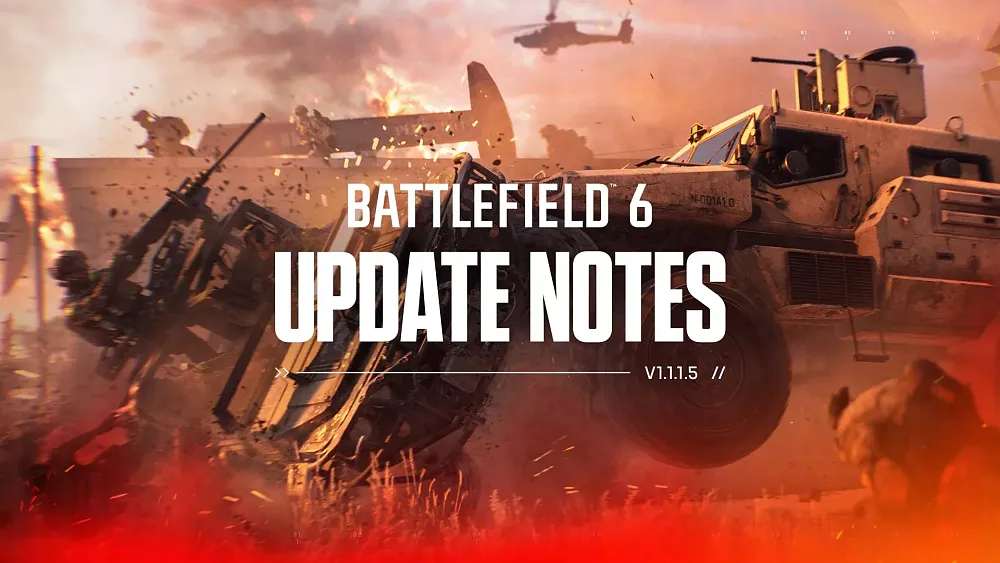 Text on the image says Battlefield 6 Update Notes and V1.1.1.5. The text is over an image of two vehicles colliding from Battlefield 6.