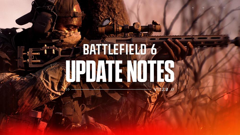 Promo art showing a soldier taking aim with a rifle and the text reads: Battlefield 6 update notes v1.1.2.0.