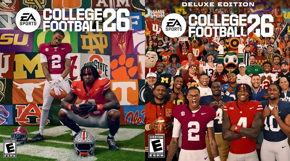 Two different covers for College Football 26 featuring several different athletes, coaches, and mascots.