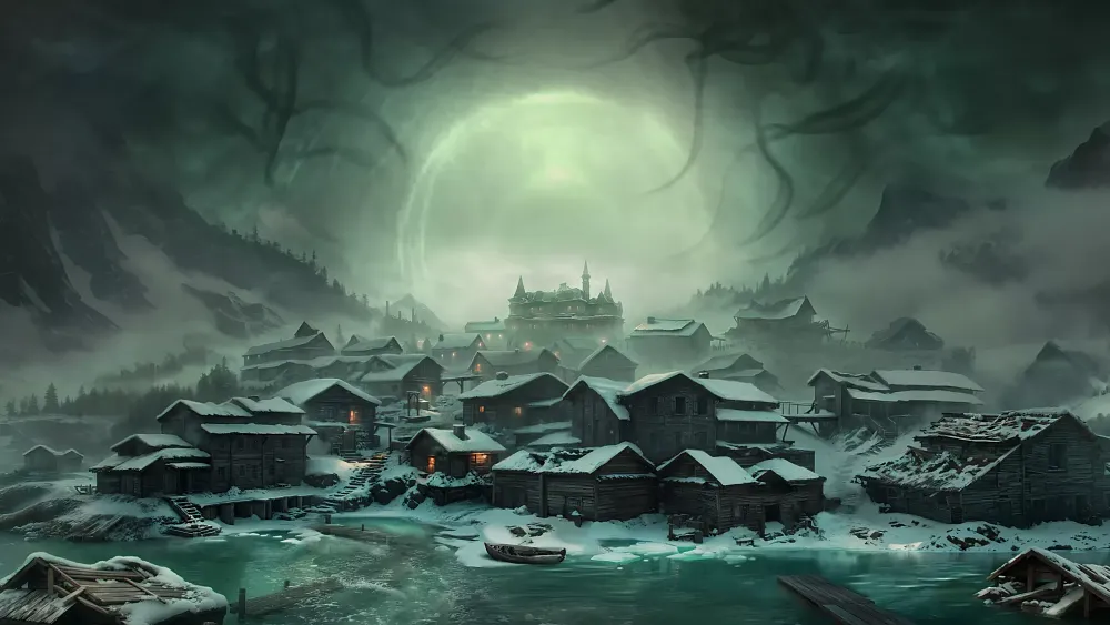 Art showing a distant view of a village with a tendril surrounded moon looming behind the largest house in the middle.