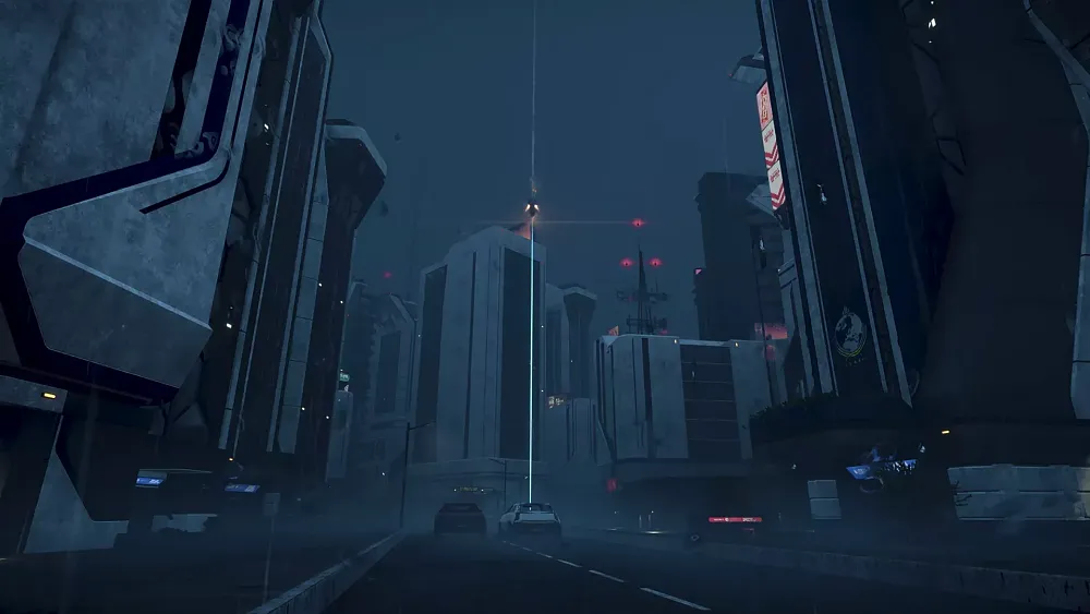 A drop pod descending from the skies in a dark, rainy night in a futuristic city.